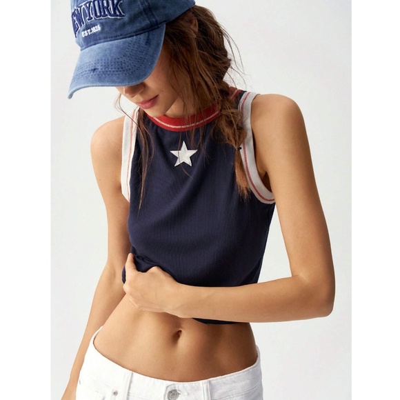 Rib Knit Navy Blue Tank Top for July 4th Star Stitched on Patch Appliqué - Picture 2 of 9